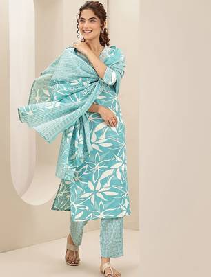 floral printed v-neck straight kurta with trousers & dupatta 3