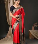 Red ethnic motifs silk blend designer banarasi saree
