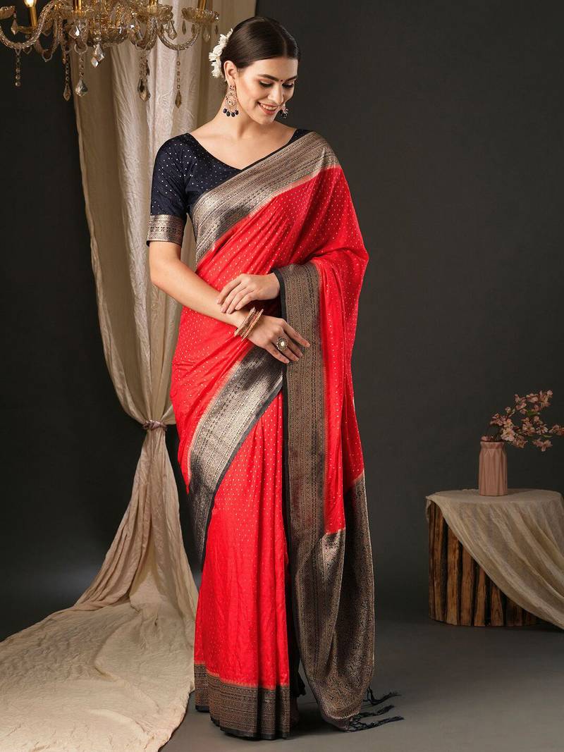 Red ethnic motifs silk blend designer banarasi saree