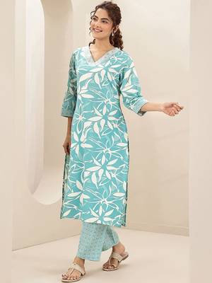floral printed v-neck straight kurta with trousers & dupatta 4