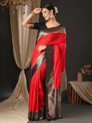 Red ethnic motifs silk blend designer banarasi saree 2
