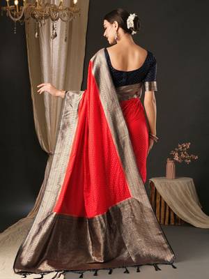 Red ethnic motifs silk blend designer banarasi saree 3