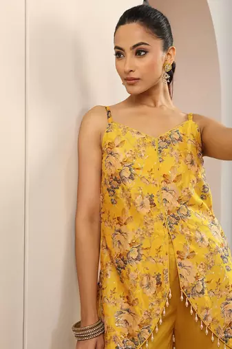 floral printed shoulder straps sequinned kurti with palazzos