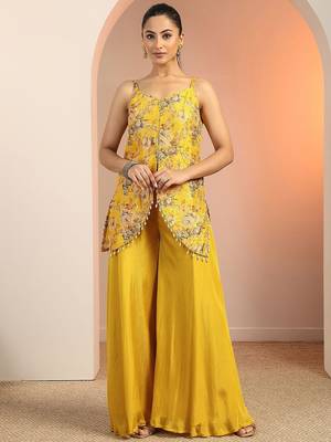 floral printed shoulder straps sequinned kurti with palazzos 1