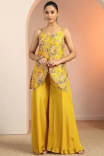 floral printed shoulder straps sequinned kurti with palazzos