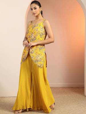 floral printed shoulder straps sequinned kurti with palazzos 4