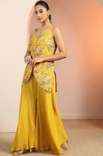 floral printed shoulder straps sequinned kurti with palazzos