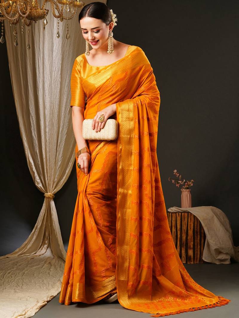 Yellow yellow & gold-toned ethnic motifs woven design zari  georgette kanjeevaram saree
