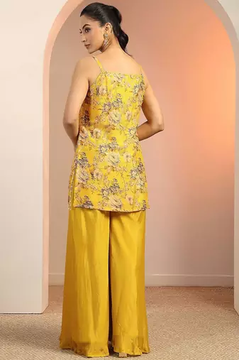 floral printed shoulder straps sequinned kurti with palazzos