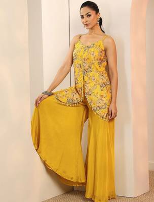 floral printed shoulder straps sequinned kurti with palazzos 6