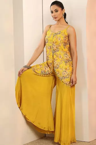 floral printed shoulder straps sequinned kurti with palazzos