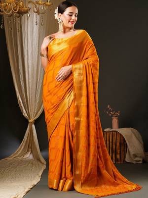 Yellow yellow & gold-toned ethnic motifs woven design zari  georgette kanjeevaram saree 2