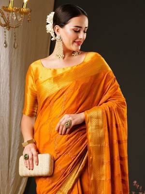 Yellow yellow & gold-toned ethnic motifs woven design zari  georgette kanjeevaram saree 4