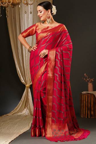 Pink ethnic motifs woven design zari  georgette kanjeevaram saree