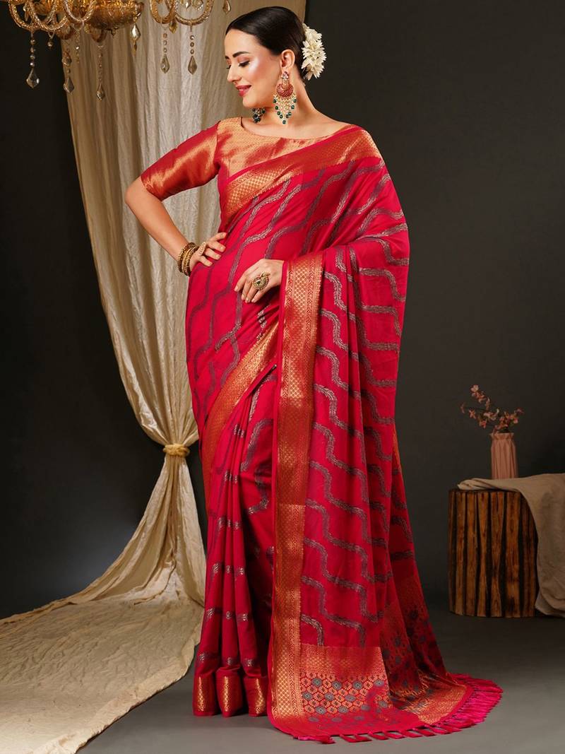 Pink ethnic motifs woven design zari  georgette kanjeevaram saree