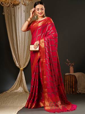 Pink ethnic motifs woven design zari  georgette kanjeevaram saree 2