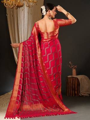 Pink ethnic motifs woven design zari  georgette kanjeevaram saree 3