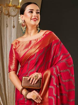 Pink ethnic motifs woven design zari  georgette kanjeevaram saree 4