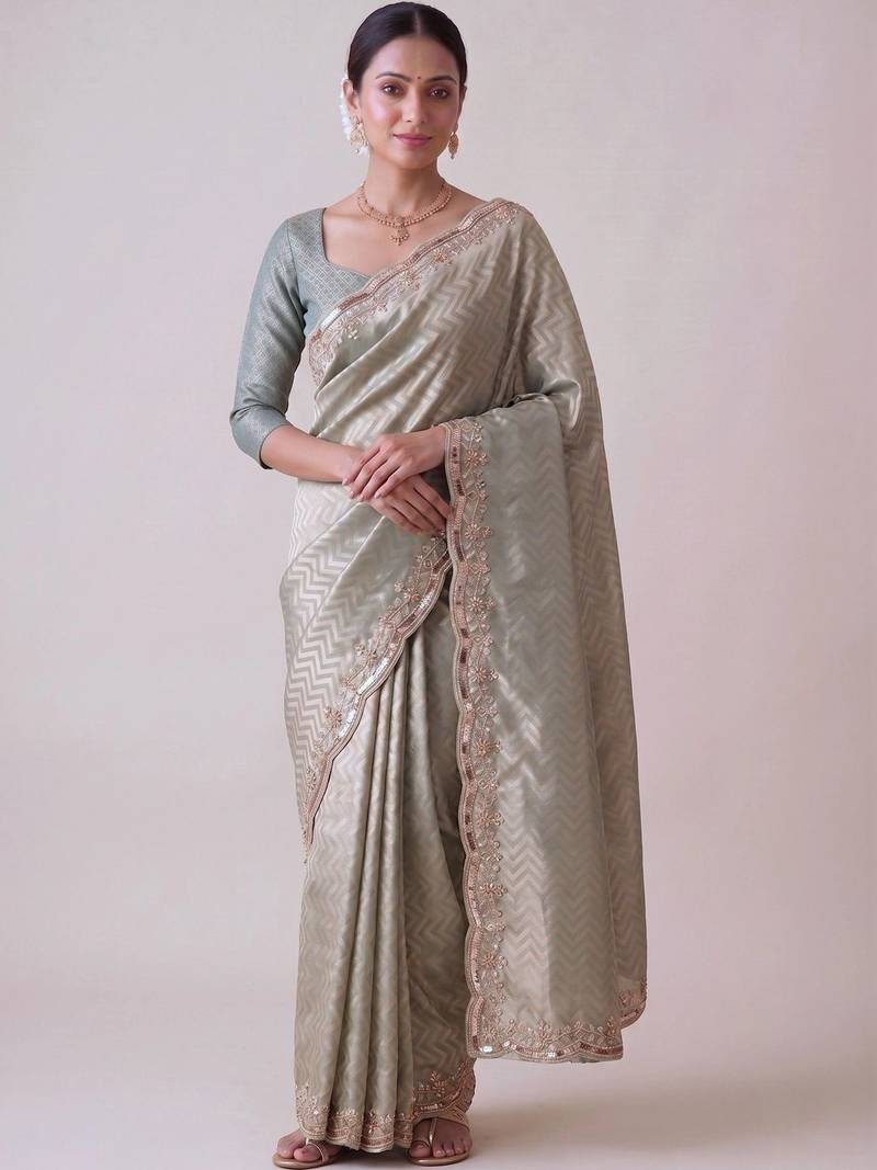 Sea green woven design zari silk blend banarasi saree