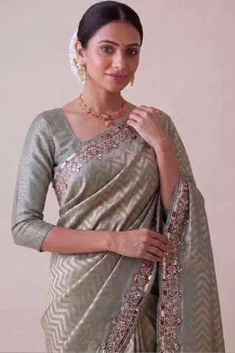 Sea green woven design zari silk blend banarasi saree