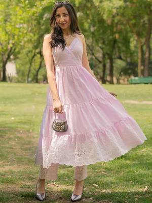womens pink self design cotton anarkali kurta with trousers 1