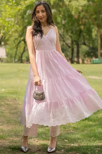womens pink self design cotton anarkali kurta with trousers