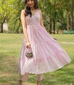 womens pink self design cotton anarkali kurta with trousers