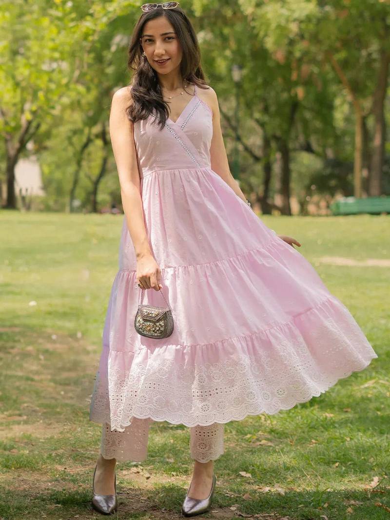 womens pink self design cotton anarkali kurta with trousers