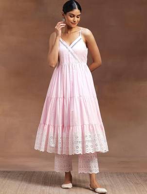 womens pink self design cotton anarkali kurta with trousers 2