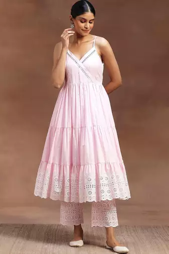 womens pink self design cotton anarkali kurta with trousers