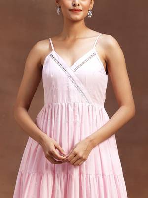 womens pink self design cotton anarkali kurta with trousers 3