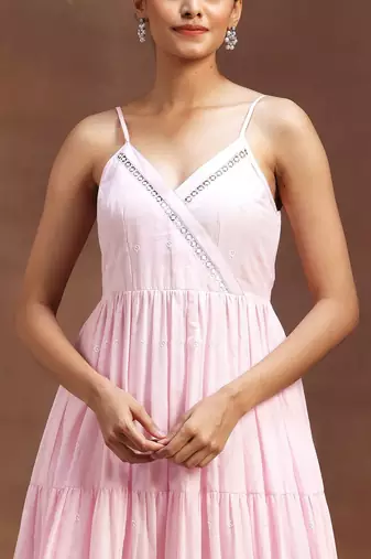 womens pink self design cotton anarkali kurta with trousers