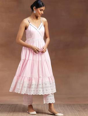 womens pink self design cotton anarkali kurta with trousers 4