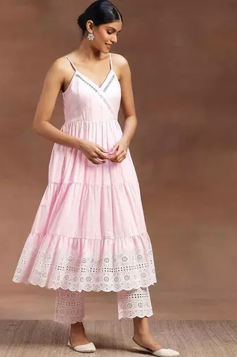 womens pink self design cotton anarkali kurta with trousers