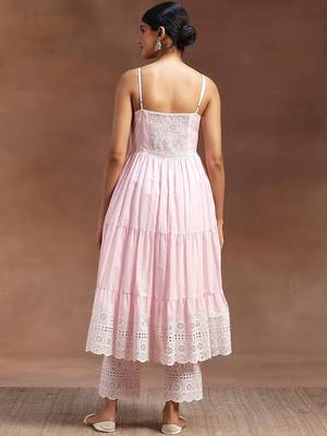womens pink self design cotton anarkali kurta with trousers 5