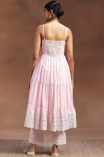 womens pink self design cotton anarkali kurta with trousers