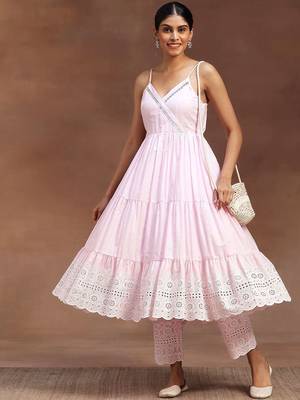 womens pink self design cotton anarkali kurta with trousers 6