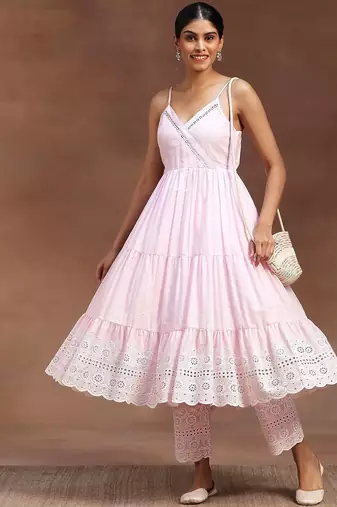 womens pink self design cotton anarkali kurta with trousers