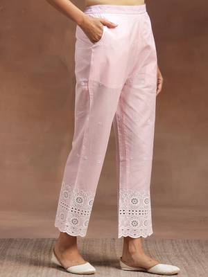 womens pink self design cotton anarkali kurta with trousers 7