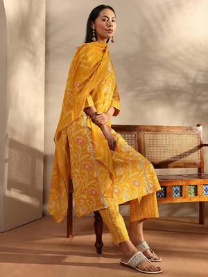 libas yellow floral printed cotton a-line suit set with dupatta 2
