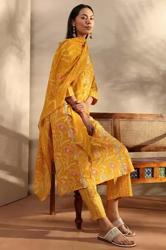 libas yellow floral printed cotton a-line suit set with dupatta