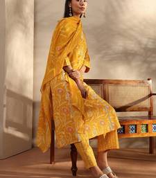 libas yellow floral printed cotton a-line suit set with dupatta