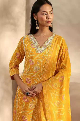 libas yellow floral printed cotton a-line suit set with dupatta