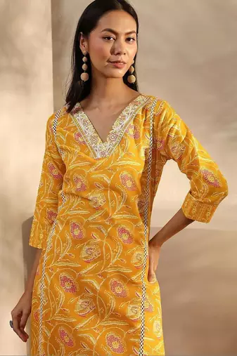 libas yellow floral printed cotton a-line suit set with dupatta