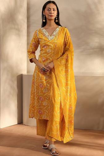 libas yellow floral printed cotton a-line suit set with dupatta