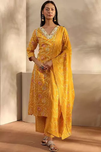 libas yellow floral printed cotton a-line suit set with dupatta