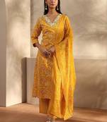 libas yellow floral printed cotton a-line suit set with dupatta