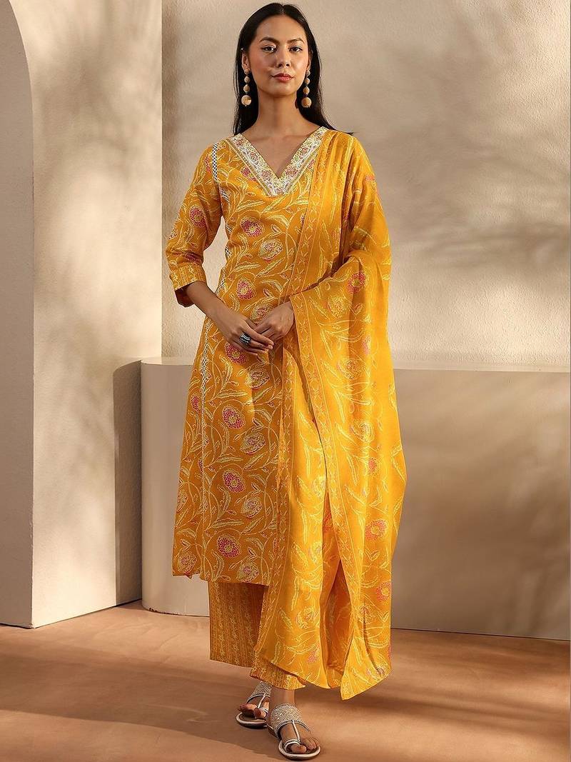 libas yellow floral printed cotton a-line suit set with dupatta