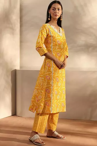 libas yellow floral printed cotton a-line suit set with dupatta