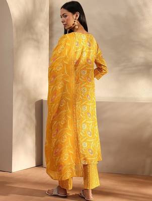 libas yellow floral printed cotton a-line suit set with dupatta 6